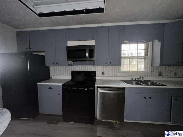 kitchen featuring extractor fan, sink, black appliances, a textured ceiling, and backsplash