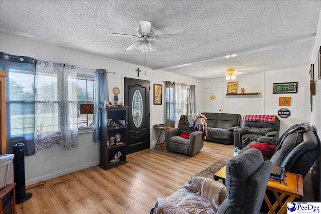 1017 Big Swamp Rd, Pamplico, SC 29583 - living room with light wood-style flooring, a textured ceiling, and ceiling fan