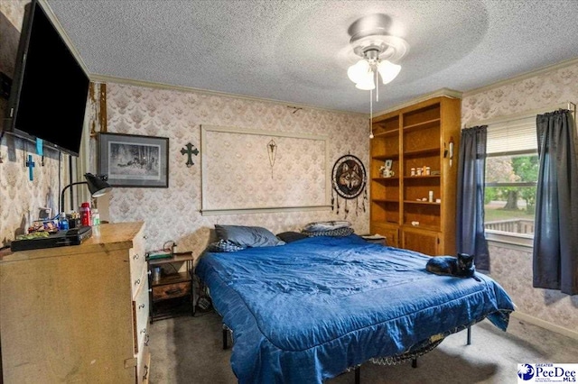 1017 Big Swamp Rd, Pamplico, SC 29583 - bedroom featuring wallpapered walls, carpet, ornamental molding, and a textured ceiling