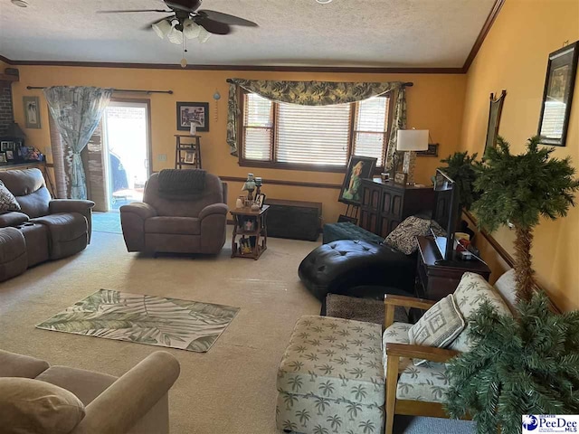 living room with carpet floors, a wealth of natural light, and a textured ceiling