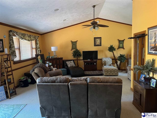 living room with crown molding, vaulted ceiling, a textured ceiling, and carpet flooring