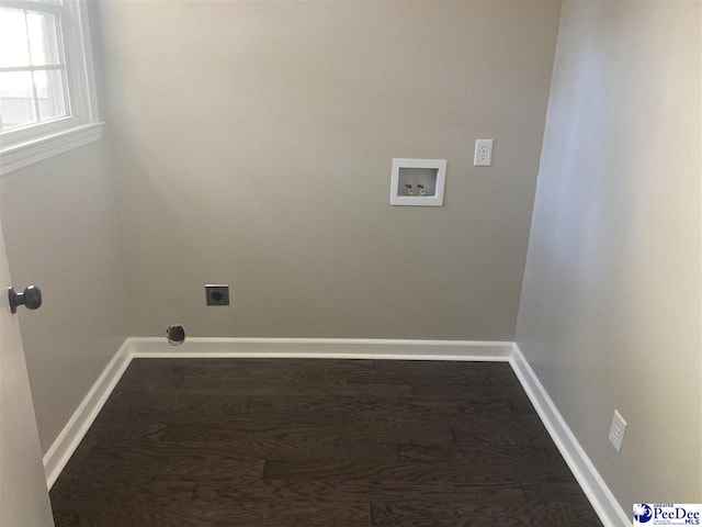 washroom with hookup for a washing machine, dark wood-type flooring, and hookup for an electric dryer