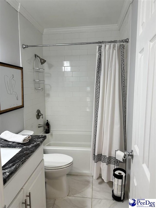 full bathroom with vanity, crown molding, toilet, and shower / bath combo with shower curtain
