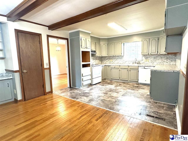 kitchen with range with electric stovetop, dark hardwood / wood-style floors, sink, and white dishwasher