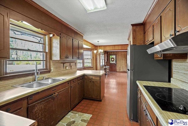 kitchen with black electric cooktop, a peninsula, a sink, light countertops, and ornamental molding