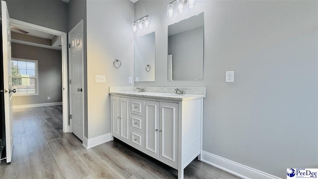 bathroom featuring baseboards, wood finished floors, a sink, and double vanity