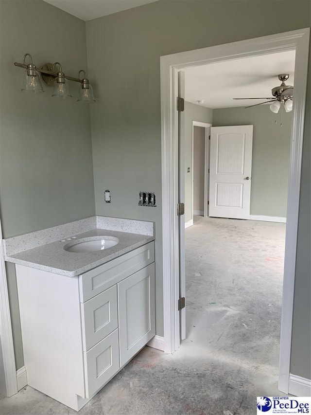 bathroom featuring a ceiling fan, unfinished concrete floors, and vanity