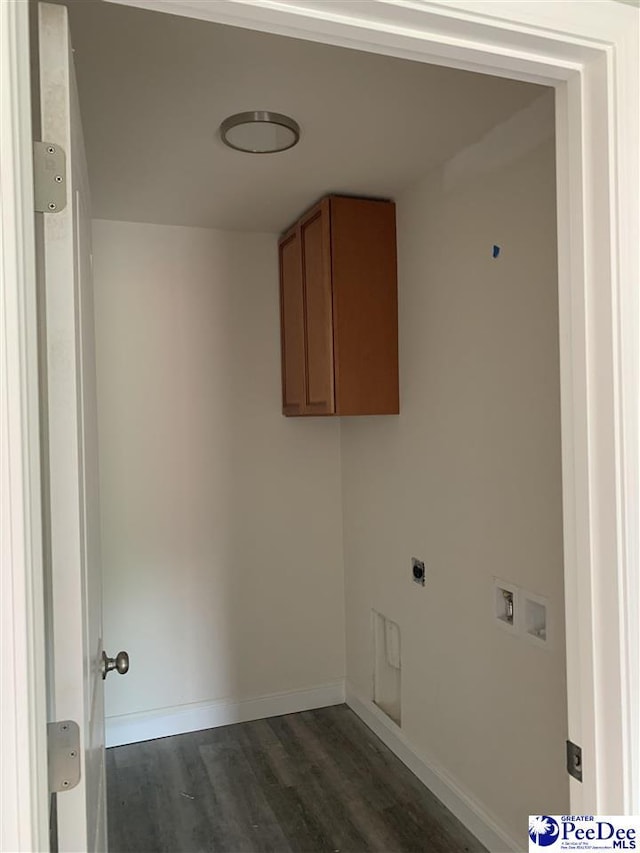 4978 E National Cemetery Rd, Florence, SC 29506 - laundry area featuring cabinet space, dark wood-style flooring, hookup for an electric dryer, baseboards, and hookup for a washing machine
