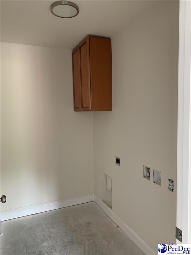 washroom featuring hookup for an electric dryer, hookup for a washing machine, cabinet space, and baseboards