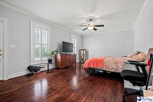 bedroom featuring ceiling fan, ornamental molding, dark wood-style flooring, and baseboards