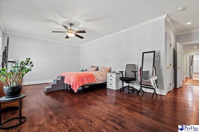 bedroom with dark wood-style floors, ceiling fan, ornamental molding, and baseboards