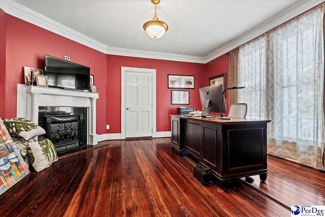 office featuring baseboards, dark wood-style flooring, a fireplace, and crown molding