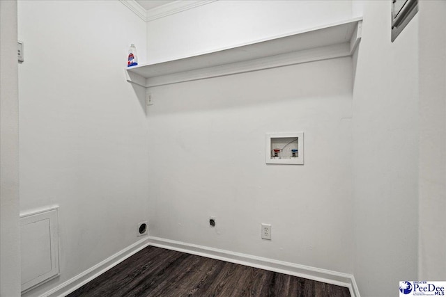 laundry room with hookup for an electric dryer, laundry area, dark wood-type flooring, washer hookup, and baseboards