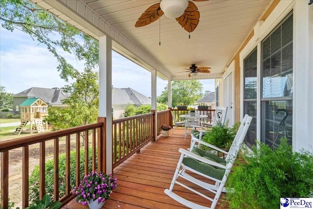 wooden terrace with ceiling fan