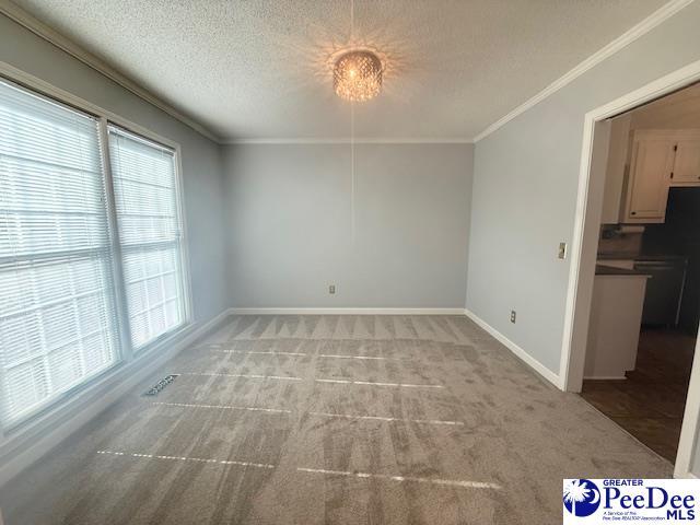 unfurnished room with a healthy amount of sunlight, baseboards, ornamental molding, and a textured ceiling