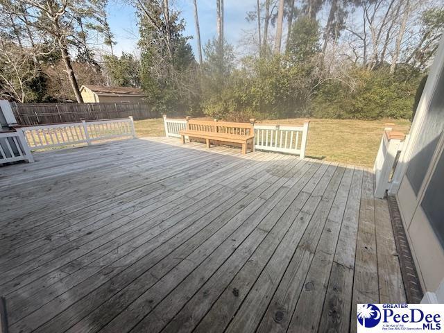 wooden terrace with a yard and a fenced backyard