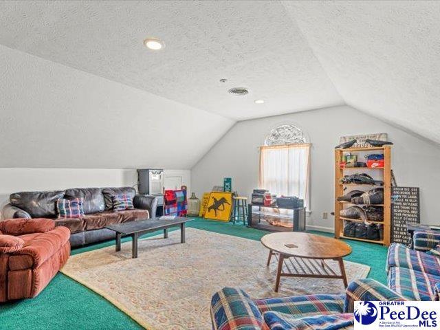 rec room with lofted ceiling, carpet floors, and a textured ceiling