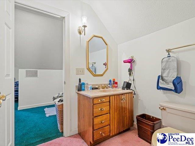 bathroom featuring vaulted ceiling, vanity, and toilet