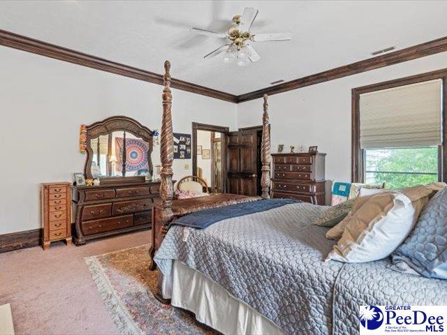 bedroom featuring ceiling fan, ornamental molding, and carpet floors