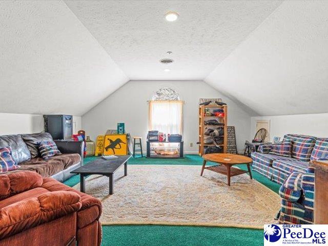 game room with vaulted ceiling, a textured ceiling, and carpet flooring