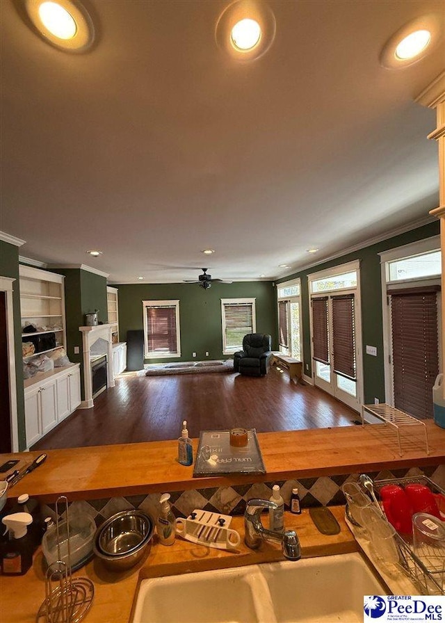 unfurnished living room featuring recessed lighting, a fireplace, wood finished floors, a sink, and ornamental molding