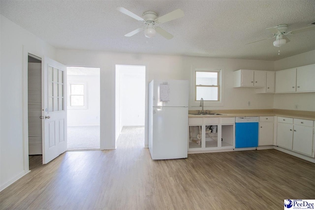 kitchen featuring a healthy amount of sunlight, dishwashing machine, a sink, and freestanding refrigerator