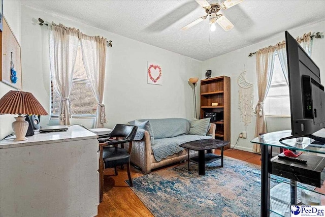 office area with a ceiling fan, a textured ceiling, and wood finished floors