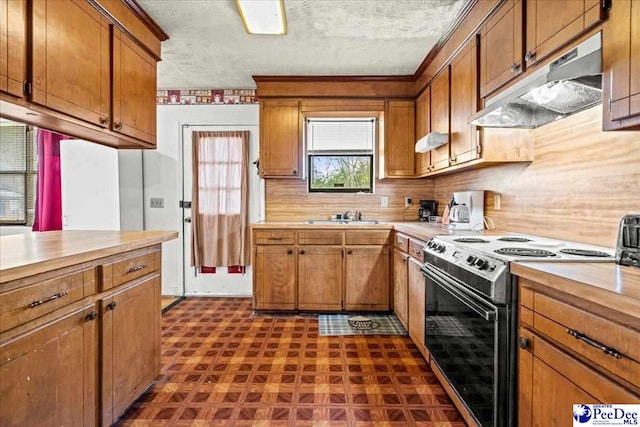 kitchen with brown cabinetry, dark floors, under cabinet range hood, a sink, and range with electric stovetop