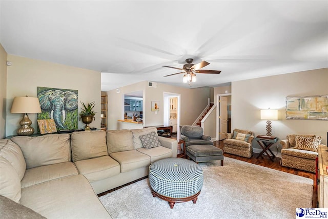 500UNIT31 Woodland, Florence, SC 29501 - living area featuring wood finished floors, a ceiling fan, and stairway