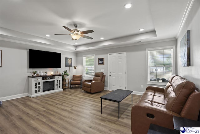 515 Young St, Darlington, SC 29532 - living room with a tray ceiling, a ceiling fan, wood finished floors, baseboards, and recessed lighting