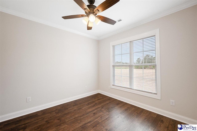 unfurnished room with ceiling fan, ornamental molding, and dark hardwood / wood-style flooring