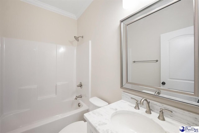 full bathroom with vanity, shower / tub combination, ornamental molding, and toilet