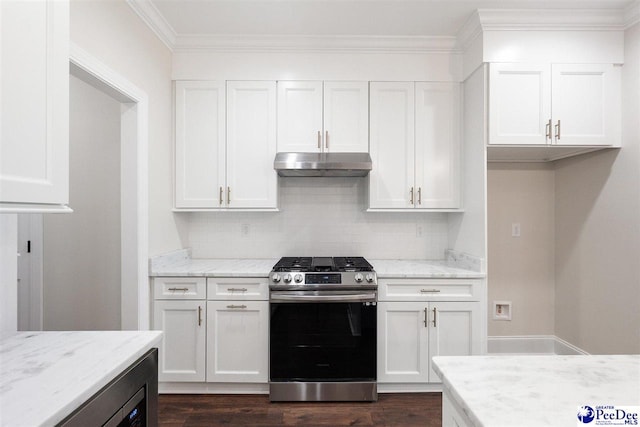 kitchen with crown molding, stainless steel gas range oven, light stone countertops, and white cabinets