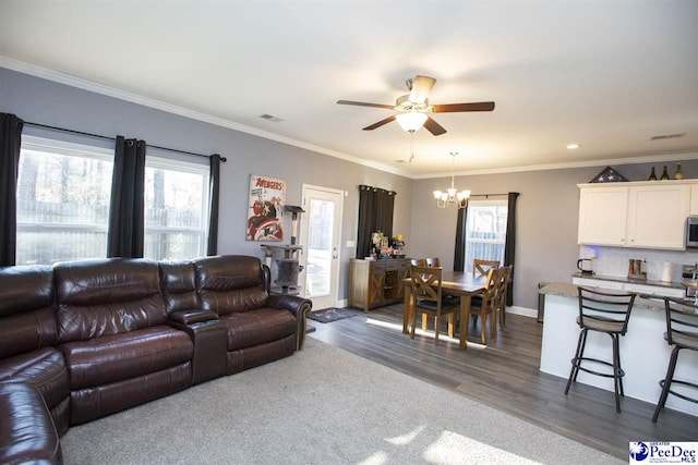 living room with crown molding, dark wood-type flooring, and ceiling fan with notable chandelier