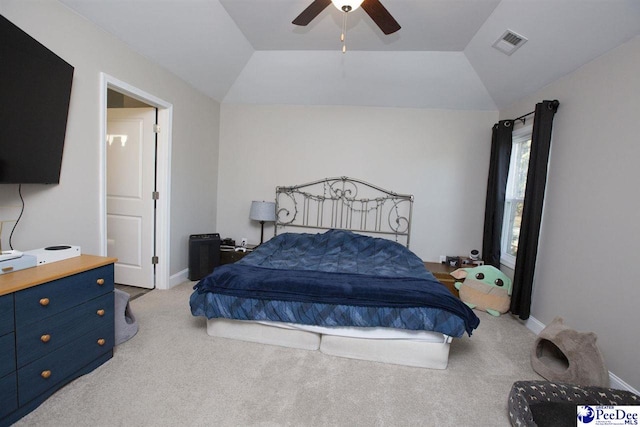 carpeted bedroom featuring ceiling fan and lofted ceiling