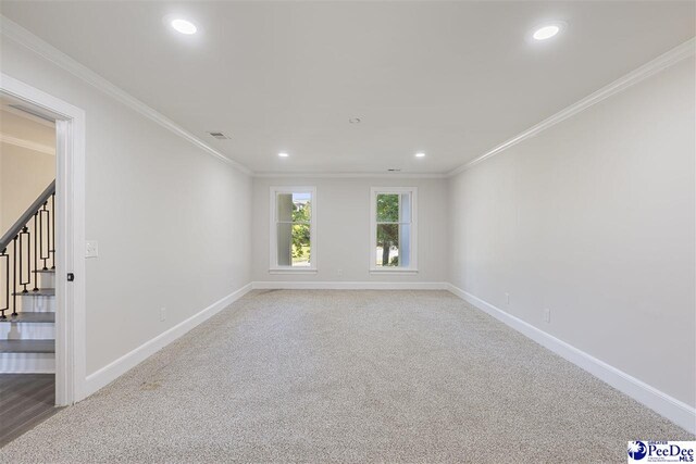 400 Millstone Rd, Florence, SC 29505 - empty room featuring baseboards, recessed lighting, crown molding, light carpet, and stairs