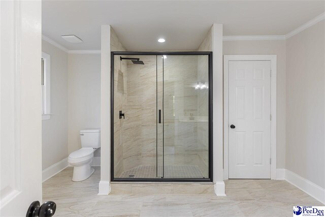 400 Millstone Rd, Florence, SC 29505 - full bathroom with baseboards, crown molding, a shower stall, and toilet