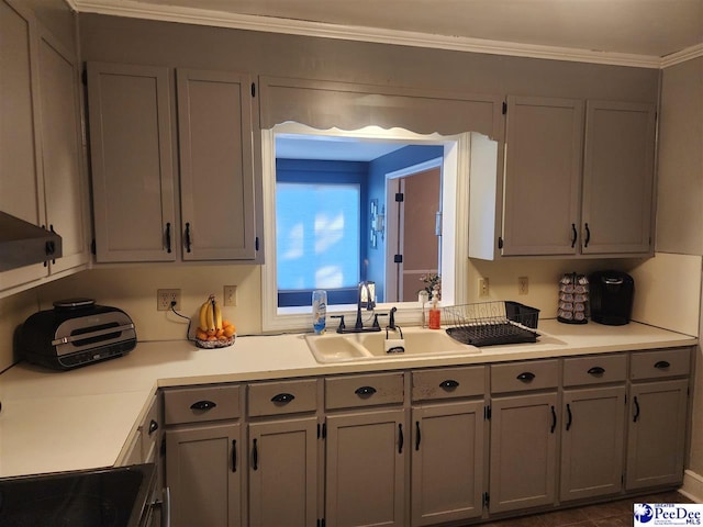 kitchen with crown molding, range, sink, and gray cabinetry