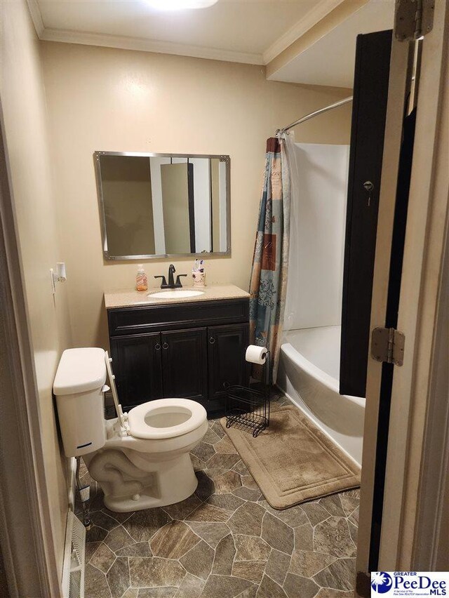 full bathroom with vanity, ornamental molding, toilet, and shower / bath combo