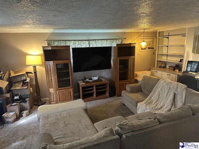 carpeted living area featuring a textured ceiling and crown molding