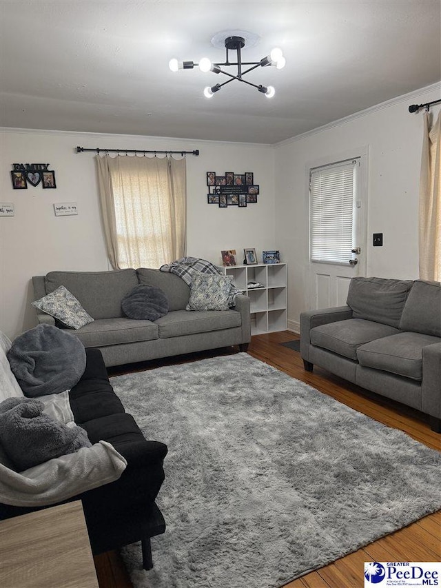 living room featuring hardwood / wood-style flooring and a chandelier