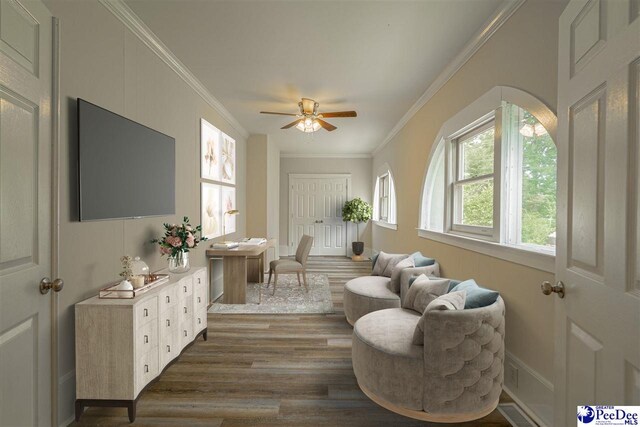 904 Madison Ave, Florence, SC 29501 - living area featuring dark wood finished floors, crown molding, and ceiling fan