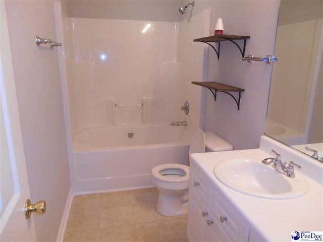 full bathroom with vanity, shower / washtub combination, tile patterned floors, and toilet