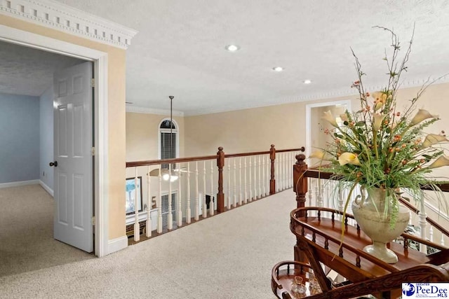 hall with crown molding, a textured ceiling, and carpet