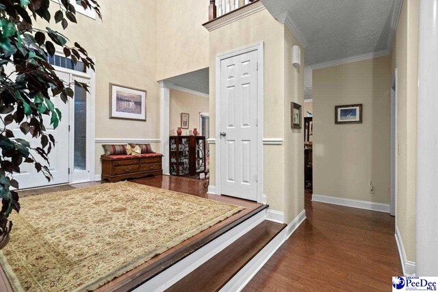 hall with crown molding and dark hardwood / wood-style floors