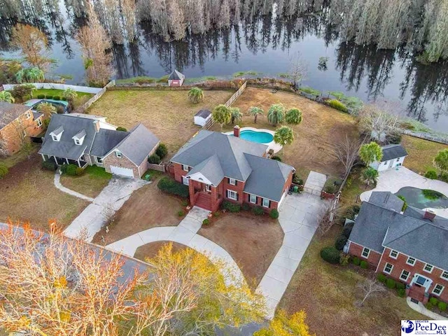 aerial view featuring a water view