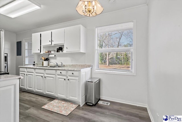 kitchen with open shelves, ornamental molding, dark wood-type flooring, and a sink