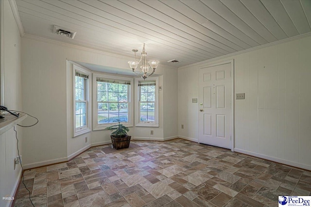 unfurnished dining area featuring crown molding, wooden ceiling, and a notable chandelier