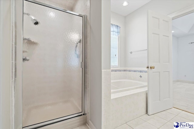 full bath with recessed lighting, tile patterned floors, a stall shower, and a garden tub