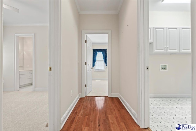 hallway with crown molding, baseboards, and wood finished floors